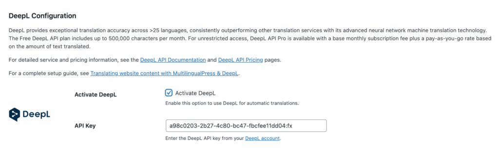 DeepL settings in MultilingualPress AutoTranslate.