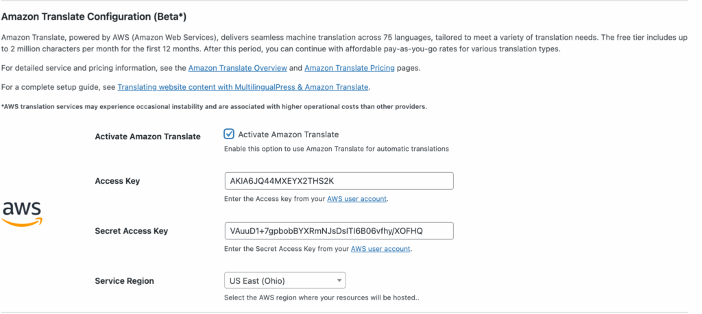 Amazon Translate-Einstellungen in MultilingualPress AutoTranslate.