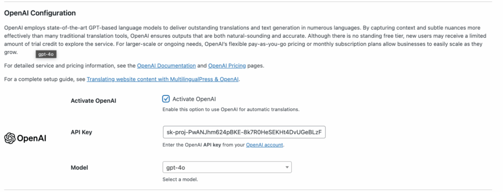OpenAI settings in MultilingualPress AutoTranslate.