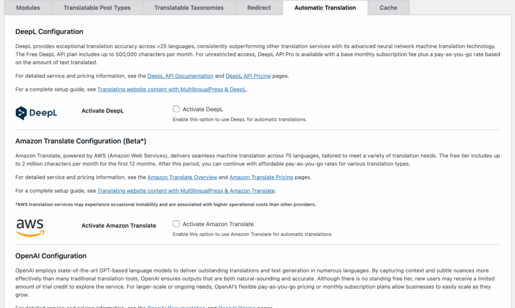 AutoTranslate settings page in MultilingualPress.